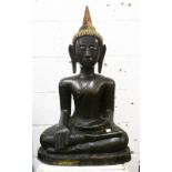 A FINE LARGE 17TH / 18TH CENTURY LAOS BRONZE FIGURE OF BUDDHA,, in a seated bhumisparsha position,