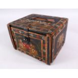A 19TH CENTURY PERSIAN WOOD & LACQUER DECORATED STORAGE BOX WITH DRAWERS - decorated with scenes