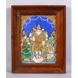 A 19TH CENTURY SOUTH INDIAN PAINTING OF HINDU DEITY, in a stood position with attendants, framed