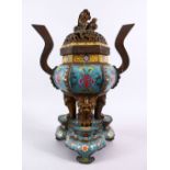 A 20TH CENTURY CHINESE BRONZE & CLOISONNE ENAMEL CENSER / BURNER ON STAND, the body of the censer,