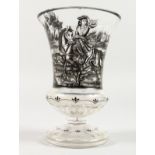 A GERMAN GLASS BEAKER painted with a hunting scene. 8.5ins high.