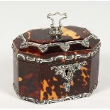 A VERY GOOD SMALL SILVER MOUNTED TORTOISESHELL TEA CADDY of long hexagonal shape, with hinged top