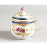 A THIRD QUARTER 19TH CENTURY MEISSEN FINE CUSTARD CUP AND COVER painted with flowers in foliate gilt