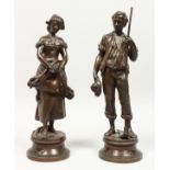 ADRIEN GAUDEZ (1845-1902) FRENCH LANGELUS & L'ANGELUS. A VERY GOOD PAIR OF BRONZE FIGURES on