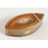 A GEORGE III OVAL GOLD INLAID SNUFF BOX. 3.5ins long.
