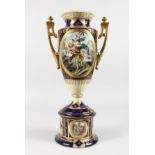 A VIENNA PORCELAIN TWO-HANDLED URN SHAPED VASE ON STAND, decorated with panels of classical figures.