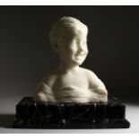 A VERY GOOD CARVED WHITE MARBLE BUST, head and shoulders of a young boy. 13ins high, on a marble