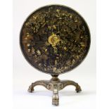 A VERY GOOD REGENCY BLACK LACQUER AND CHINOISERIE DECORATED CIRCULAR TILT TOP TABLE, the top