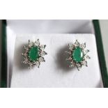 A GOLD PAIR OF 9CT GOLD, DIAMOND AND EMERALD DAISY CLUSTER EARRINGS.