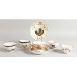 AN 18TH CENTURY CHELSEA DERBY AND LATER THREE TEA BOWLS, two cups and two saucers. (AF)