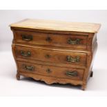 A GOOD 18TH CENTURY FRENCH WALNUT THREE DRAWER COMMODE, of bombe form, with serpentine front, carved