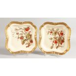 A ROYAL WORCESTER PAIR OF SQUARE DISHES of silver shape, each decorated with enamels and raised