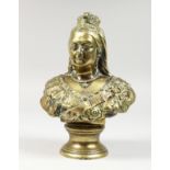 A LATE 19TH CENTURY CAST BRASS BUST OF QUEEN VICTORIA on a socle base. 10ins high overall