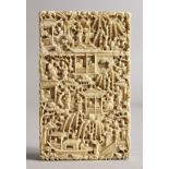 A SUPERB QUALITY CANTON CARVED IVORY CALLING CARD CASE, with numerous figures, trees and