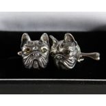 A PAIR OF SILVER FRENCH BULLDOG CUFFLINKS.