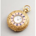 A LADIES' 18CT GOLD HALF HUNTER POCKET WATCH with engraved case and blue Roman numerals.