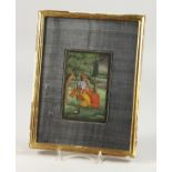 A FRAMED PERSIAN PICTURE, YOUNG LOVERS on a swing. 5.5ins x 4ins.