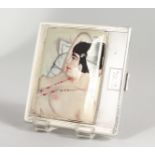 A SILVER CIGARETTE CASE, later decorated with a female nude. 3.25ins x 3ins.