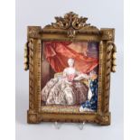 A SUPERB 18TH - 19TH CENTURY FRENCH ENAMEL PORTRAIT PLAQUE OF MARIE ANTOINETTE sitting in a chair,