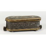 AN ELKINGTON & CO RECTANGULAR JEWELLERY BOX with blue silk interior, the top and sides with panels