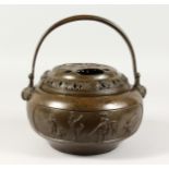 A CHINESE BRONZE CIRCULAR POT AND COVER. 8ins.