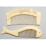 A FISH SHAPED BONE COMB, and another comb. 4ins x 3.5ins long.