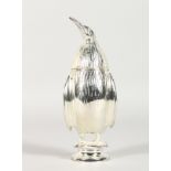 A SILVER PLATED PENGUIN SUGAR CASTER. 7.5ins high.