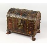 A 19TH / 20TH CENTURY CONTINENTAL BRASS BOUND AND EMBOSSED LEATHER DOME TOP CABINET, in Medieval