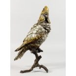 A VIENNA STYLE COLD PAINTED BRONZE OF A PARROT ON A BRANCH. 12ins high.