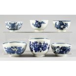 SIX VARIOUS CAUGHLEY AND WORCESTER BLUE AND WHITE BOWLS.