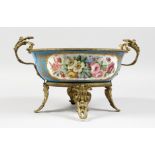 A VERY GOOD SEVRES PORCELAIN AND ORMOLU CIRCULAR PEDESTAL BOWL, painted with garlands of flowers