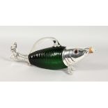 A NOVELTY GREEN GLASS FISH SHAPED CLARET JUG with plated mounts. 13ins long.