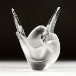 A MODERN LALIQUE FROSTED GLASS VASE modelled as two doves, with flower holder. 8.25ins high.