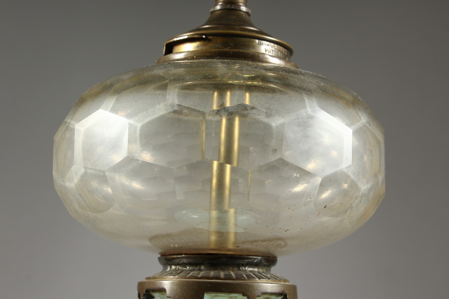 A VICTORIAN OPALINE LAMP with glass reservoir and metal mounts. 26ins high overall. - Image 6 of 7