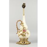 A PORCELAIN URN SHAPED JUG as a lamp, with gilt metal mounts. 21ins high overall.