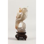 A CARVED AGATE BIRD on a wooden stand. 6ins high.