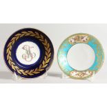 A SEVRES STYLE SAUCER with neo-classical decoration and another Sevres style saucer with blue ground