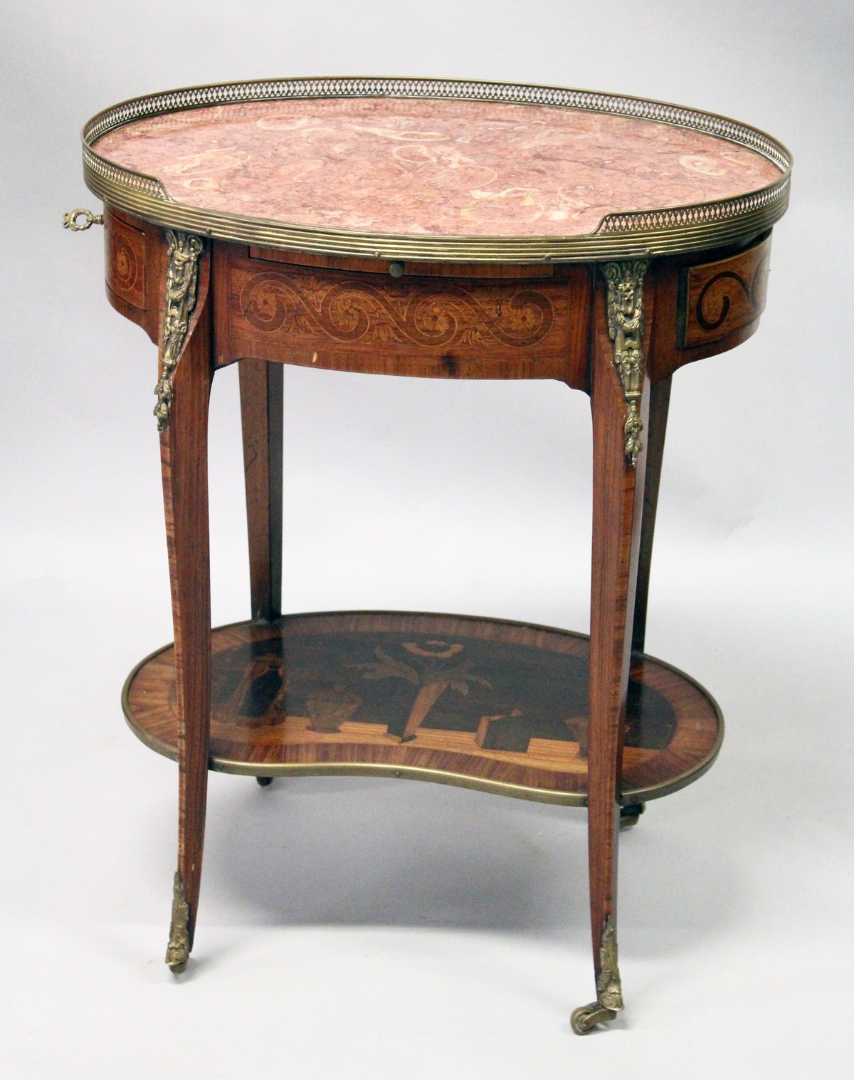 TOPOLINO, ITALY, A GOOD KINGWOOD, ORMOLU AND MARQUETRY OVAL OCCASIONAL TABLE, with brass galleried