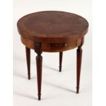 A MINIATURE APPRENTICE PIECE CIRCULAR MAHOGANY TABLE on four turned legs. 6ins diameter.