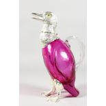 A DUCK SHAPED CLARET JUG, with plated head and feet, cranberry colour glass body. 11ins high.