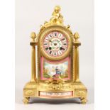 A VERY GOOD QUALITY 19TH CENTURY FRENCH GILT ORMOLU CLOCK, with painted Sevres porcelain face and