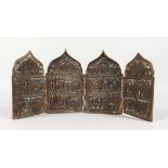 A LATE 19TH / EARLY 20TH CENTURY RUSSIAN BRONZE FOUR PANEL FOLDING TRAVELLING ICON with enamel