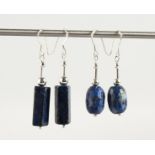 TWO PAIRS OF SILVER AND LAPIS EARRINGS.