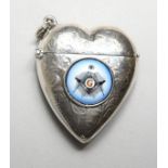 A SILVER HEART SHAPE VESTA, with later Masonic style enamel plaque.