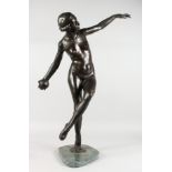 A GOOD LARGE ART DECO STYLE FIGURE OF AN ATHLETIC FEMALE NUDE, holding a ball in her right hand.