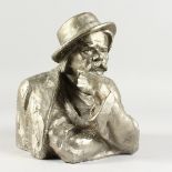 A RUSSIAN HALF HEAD AND SHOULDERS METAL FIGURE OF A MAN THINKING. 9.5ins high.