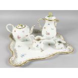 A GOOD MEISSEN PORCELAIN CABARET SET, white ground edged in gilt and sprigged with flowers,