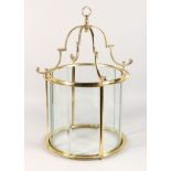 A GOOD BRASS HANGING LANTERN with bevelled glass panels. 21ins high.