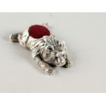 A NOVELTY SILVER BEAR PIN CUSHION.