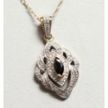 A 9CT GOLD, SAPPHIRE AND DIAMOND PENDANT AND CHAIN.